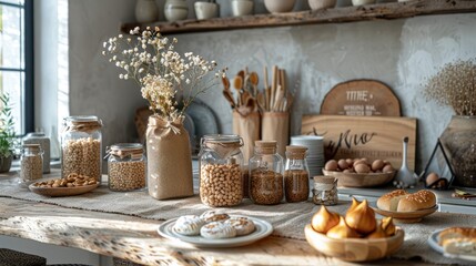 Fototapeta premium Rustic farmhouse party decor with burlap table runners, mason jar centerpieces, and vintage signs for a cozy and charming atmosphere on white background, 4k, ultra hd