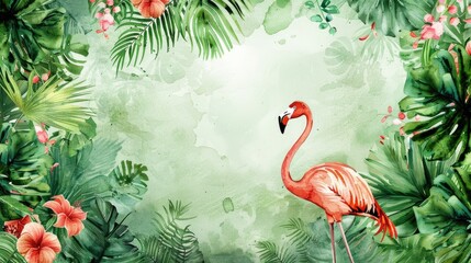A beautiful painting of a flamingo in a tropical setting. Perfect for travel brochures or wildlife publications
