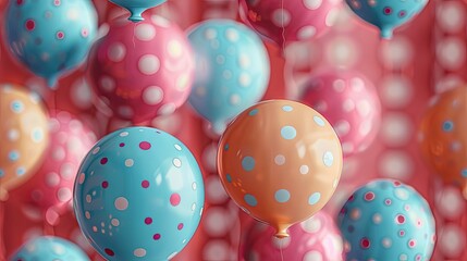 Whimsical birthday balloon background featuring pastel hues and playful polka dot textures, pattern - obrazy, fototapety, plakaty