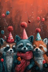 Whimsical birthday card featuring hand-drawn animals in party attire, solid color background, 4k, ultra hd