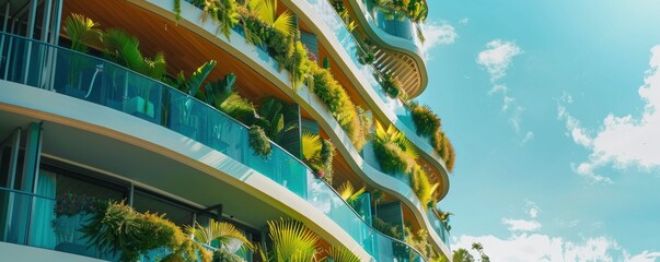 Curved balconies and plants blooming on the front of a modern green building - obrazy, fototapety, plakaty