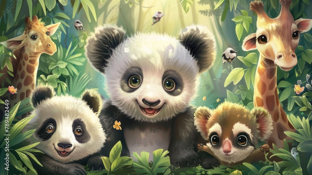 Poster a group of pandas and giraffes in a lush jungle. suitable for nature and wildlife themes