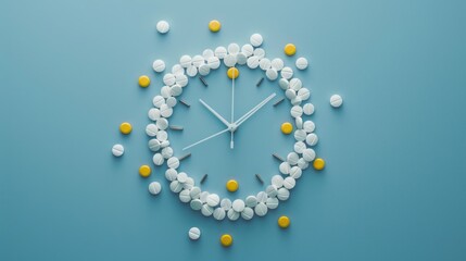 Clock made of pills on blue background, suitable for healthcare concept designs