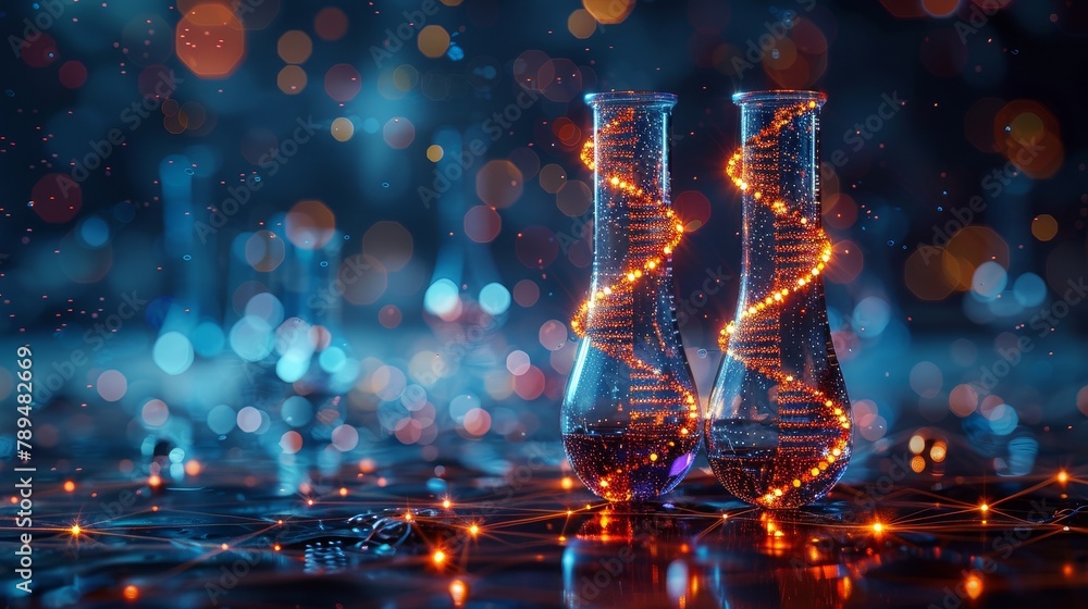 Poster the human genome is preserved in the form of a flask with dna. low poly wireframe style. lab glasswa