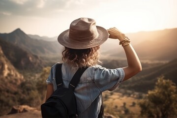 Adventurous young woman in a hat looking out over mountains, evoking exploration, freedom, and a...