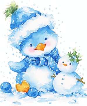 Little funny penguin in a winter hat and scarf. watercolor art illustration
