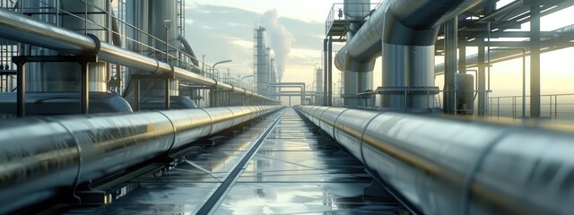 Long, large metal pipelines in an oil and gas extraction plant
