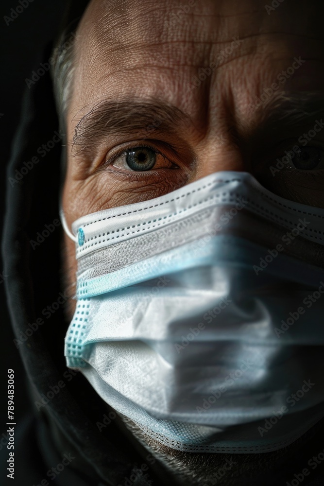 Poster a man wearing a face mask in a dark setting. suitable for health and safety concepts