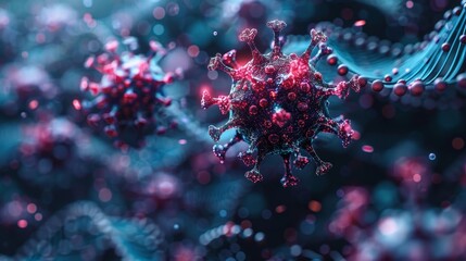 Flu strain evolution modern illustration in futuristic polygonal style of mutating virus on dark background with DNA structure. - obrazy, fototapety, plakaty