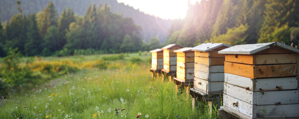 Row of beehives in sunny meadow at sunrise, dew on wooden surfaces. Forested hills in background, bees beginning daily work