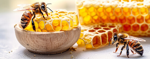 Close up of bees on honeycomb, golden nectar in wooden bowl. Detailed view of honey harvesting and bee activity