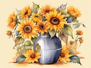 Sunflowers in a vase Watercolor clipart - 789483234