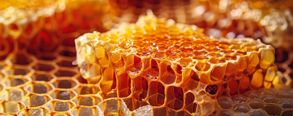 Golden honey overflowing from hexagonal honeycomb cells. Close up of bee hive interior with natural light accentuating texture