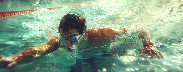 Swimmer in goggles with intense focus, dynamic water splash in pool. Competitive swimming, action captured underwater view