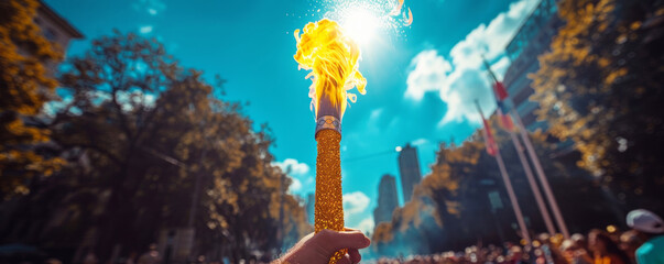 Torchbearer hand raising flaming torch under sunny sky. Crowded celebration, symbol of peace and unity at sporting event of Olympic Games