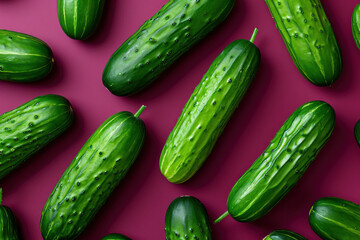 Fresh cucumbers with water droplets on pink background, vibrant and organic vegetable concept, healthy eating and natural produce concept - obrazy, fototapety, plakaty