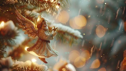 Fototapeta premium A festive Christmas angel ornament hanging from a tree. Perfect for holiday decorations