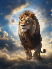 Lion against the background of blue sky and clouds - 789483456