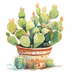A potted cactus plant with yellow flowers sits in a brown pot. The plant is surrounded by a white background, and the image has a serene and calming mood