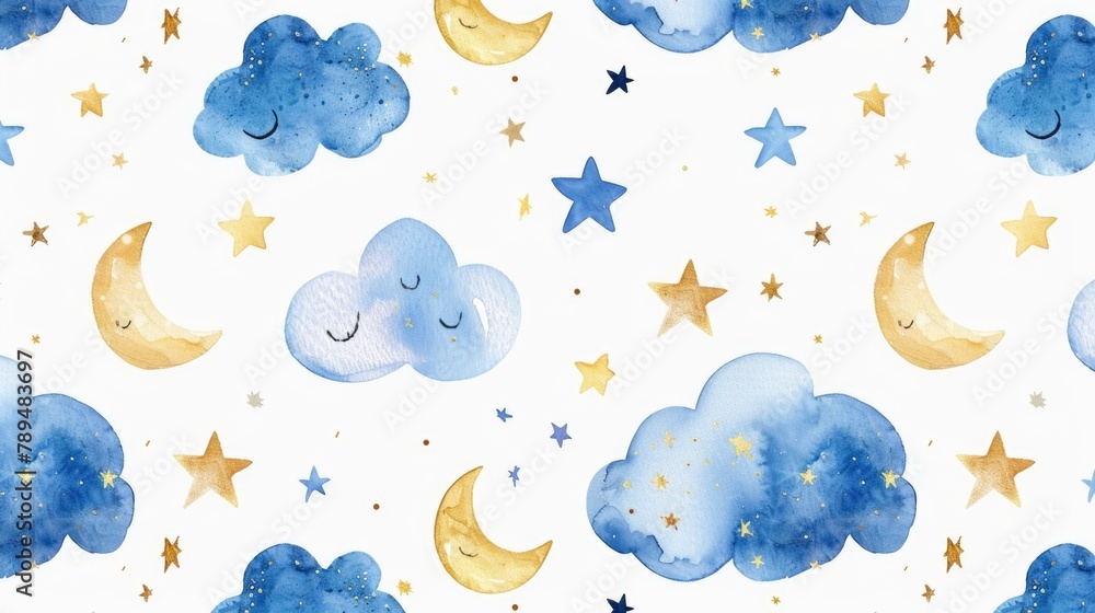 Poster pattern of clouds, stars, and crescents on a white background. suitable for various designs and proj