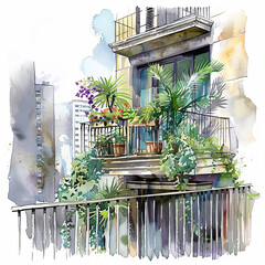 A balcony with a view of the city and potted plants. Scene is peaceful and relaxing