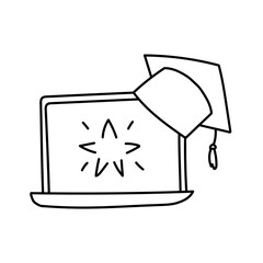 Online school graduate in doodle style. Isolated on white background