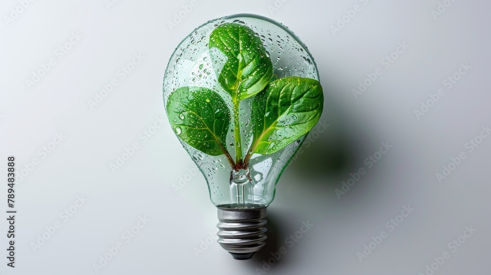 Poster creating an energy efficient eco lamp, made with green leaves and sprouts, isolated on white backgro