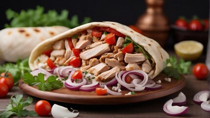 shawarma with finely chopped juicy chicken meat, pita bread and onions - 789483874