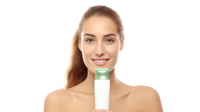 Beautiful woman in portraiture with a jade roller isolated against a stark white background