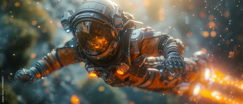 Poster a man launches a flying jetpack. a robotic suit with rocket engine is worn by a man. illustrations o