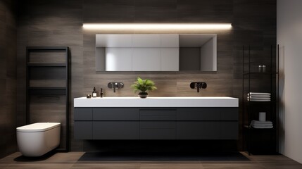 Fototapeta na wymiar Modern simplicity in a high-end black and white styled bathroom, showcasing a minimalist black cabinet under bright, linear lighting effects, streamlined, symmetrical, photo-realistic
