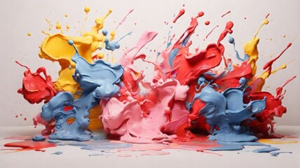 splashes of pink red blue and yellow paints on a white background - 789484036