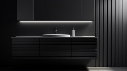 Photo-realistic digital AI art showing a minimalist designed black bathroom cabinet, enhanced by symmetrical balance and linear lighting effects in a modern black and white style, close-up view