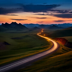 Title: Title: Title: sunset in the mountains road going through wilderness area

