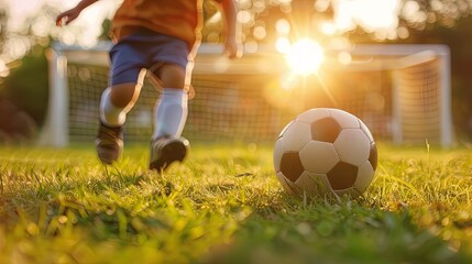 Obraz na płótnie Canvas Soccer player kicking the ball on the field at sunset time.