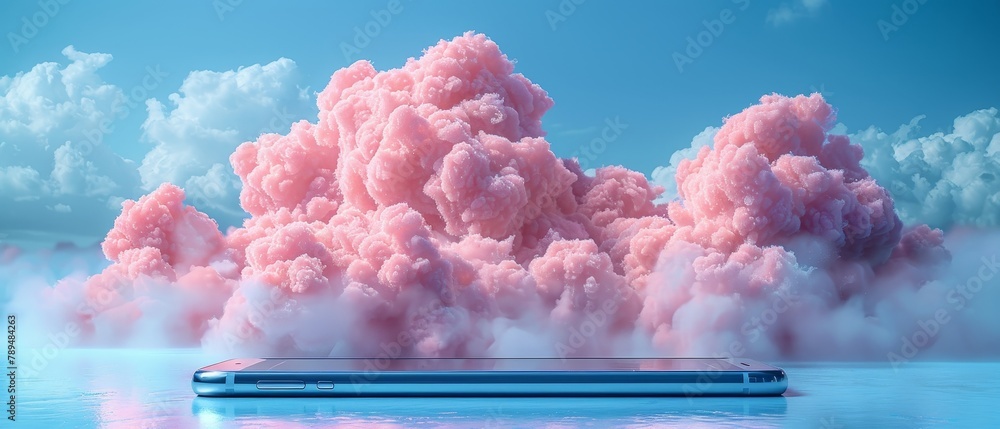 Poster in this concept, a 3d cloud icon is shown over a smartphone screen. the cloud represents internet on
