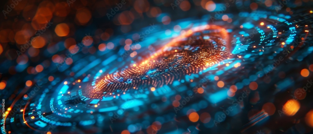 Fototapete Fingerprint authorization for payment in banking apps. Online identity authentication system. Digital access with biometric data. Scanner scanning index finger on hand.