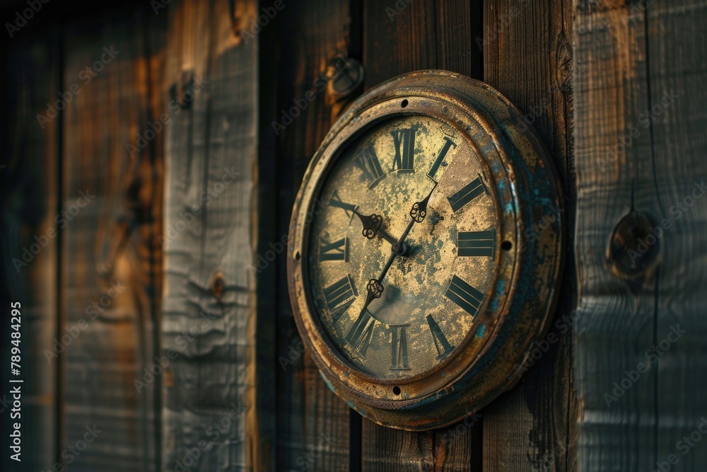 Poster Wooden building with a clock, suitable for various concepts