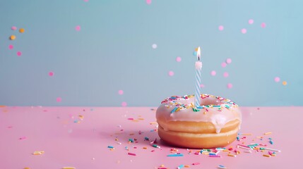 Jewish holiday Hanukkah with doughnut on pink and blue background
