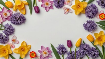 Spring flowers frame made of tulips daffodils crocuses - 789484202