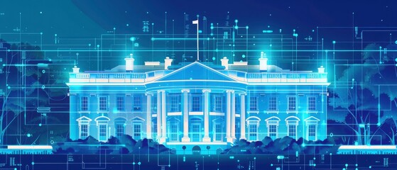 Blue background with holographic elements depicting the White House