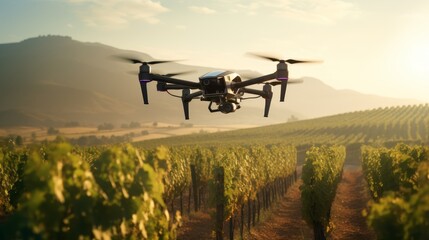 Precision agriculture in action, A close-up of a drone flying over a vineyard, illustrating the impact of AI and automation in farming - obrazy, fototapety, plakaty