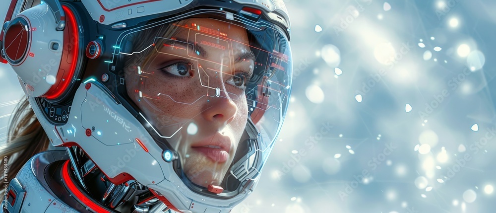 Poster Beautiful robot woman with AI floats in zero gravity in virtual cyberspace among data charts and diagrams. Neural networks learning concept.