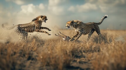 Two cheetahs sprinting at top speed, competing for a gazelle carcass on the African savannah,