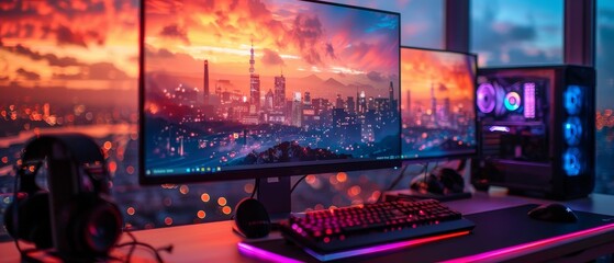 Dedicated gaming computer or gaming rig running computer game. Neon light on table in gamer's room. Gaming PC on desk. Online game interface on screen PC. - obrazy, fototapety, plakaty