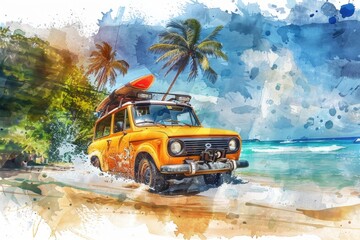 A vibrant watercolor painting of a yellow car with a surfboard on the roof. Perfect for travel and adventure themed designs - obrazy, fototapety, plakaty