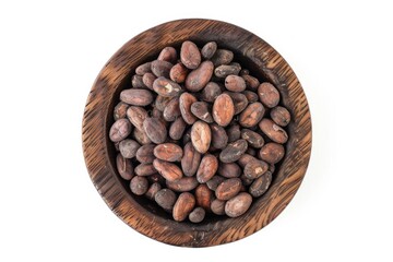 Fototapeta premium Wooden bowl filled with chocolate beans. Perfect for food and snack concepts