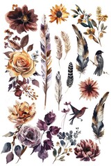 Beautiful watercolor illustration of various flowers and birds. Ideal for greeting cards and stationery