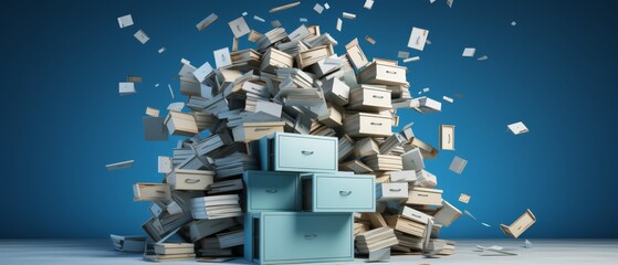 Realistic 3D visualization of a minimalist file cabinet overflowing, unable to keep up,