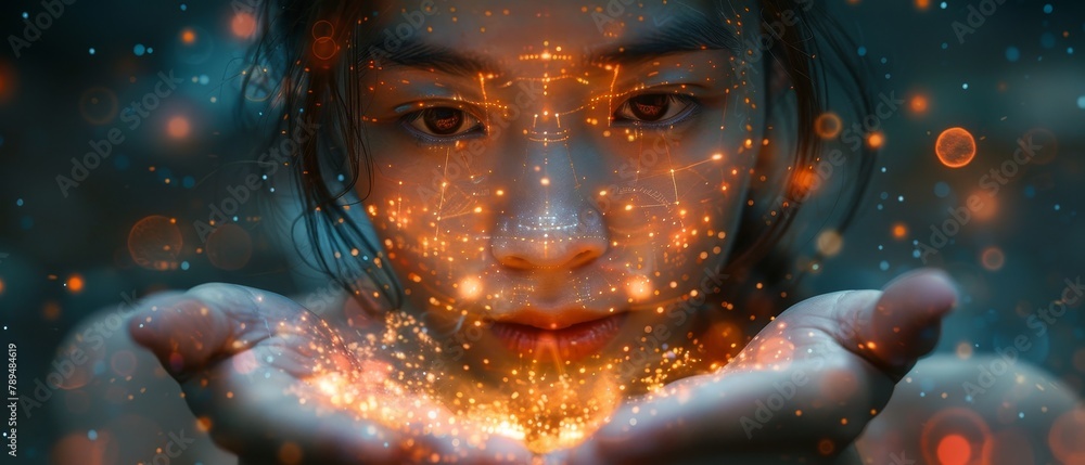 Poster Data analysis with AI in the digital cloud. AI robot woman holds computer data stored in the cloud. Artificial Intelligence (AI) for cloud computing, learning artificial neural networks.
